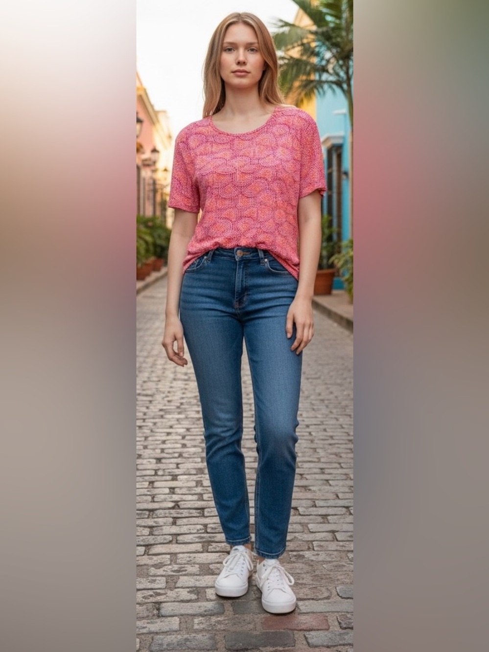 Jaclyn Smith Red, Orange, & Pink Short Sleeve Blouse Size Large